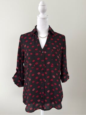 by & by Lip Print Blouse XS Black Red Button Down Top